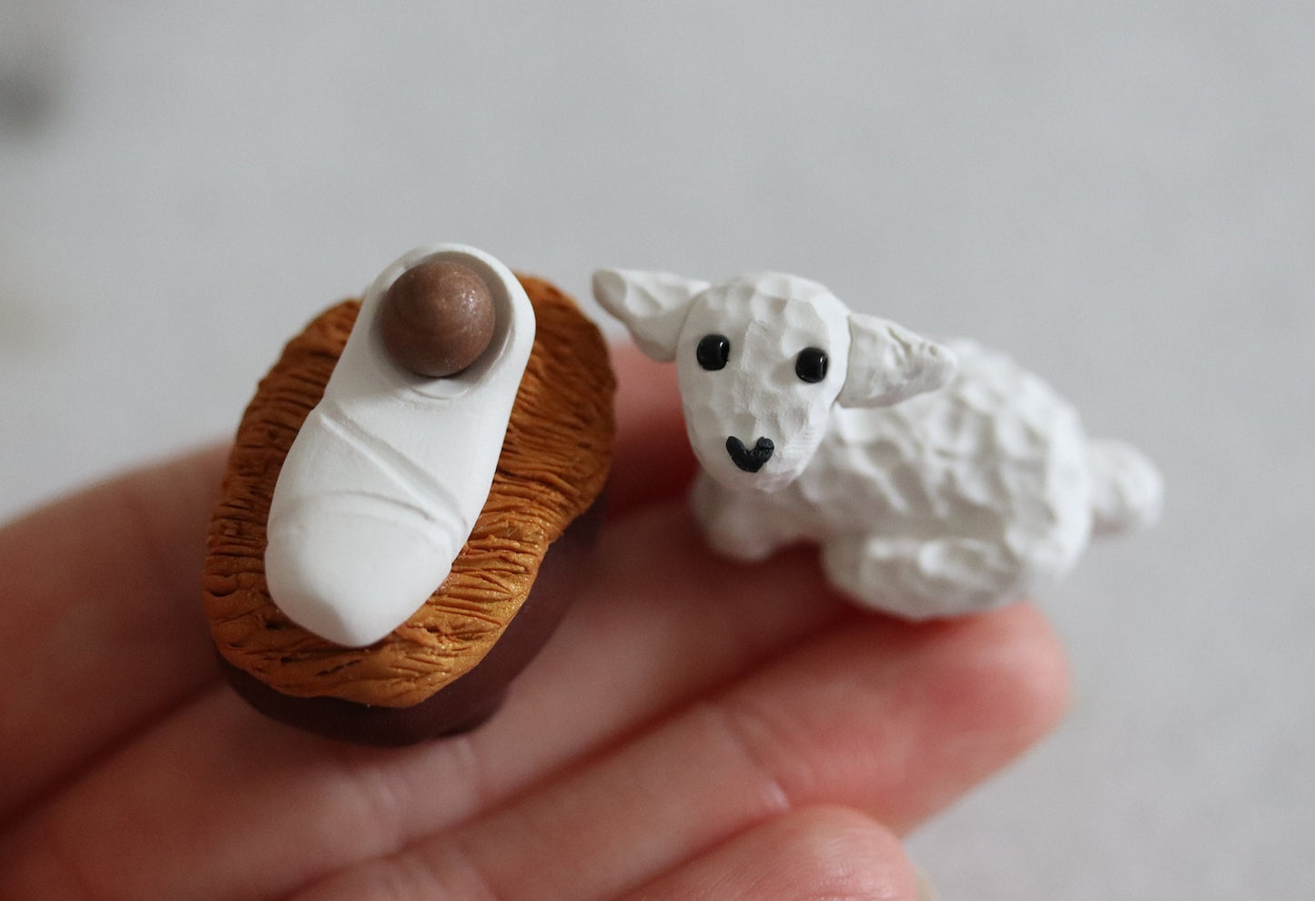 Mini Handmade Polymer Clay Baby Jesus and Lamb Christmas Set