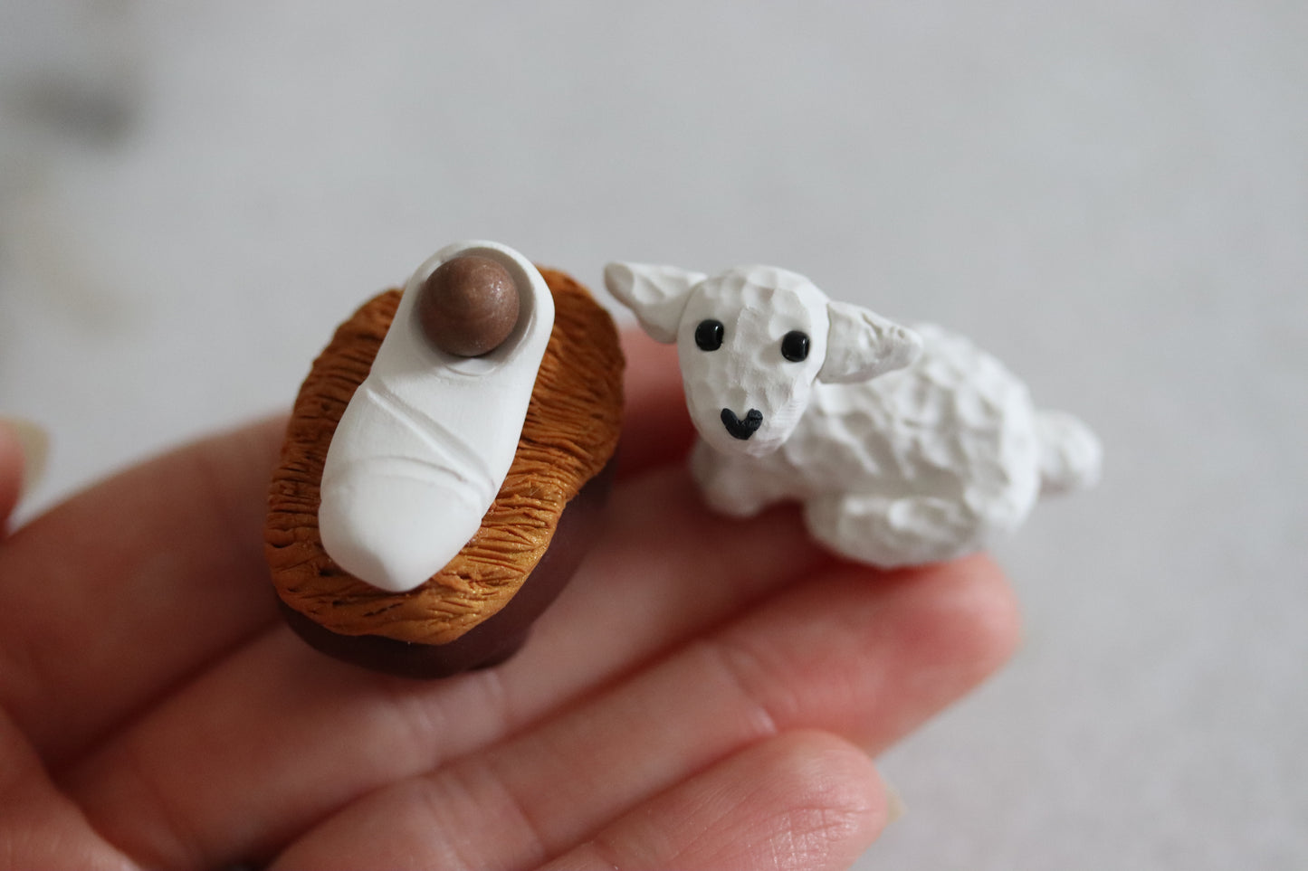 Mini Handmade Polymer Clay Baby Jesus and Lamb Christmas Set